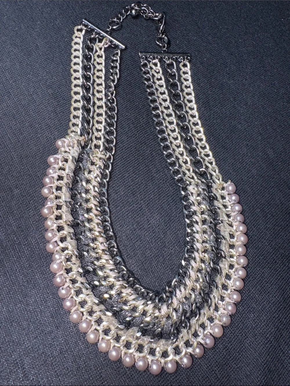 Layered Pearl Chain Necklace - Pink and Silver
